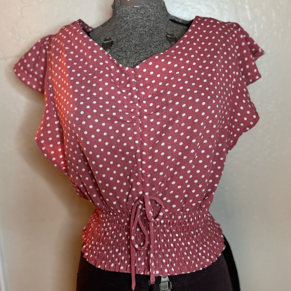 Monteau Pink Polka Dot Blouse with Ruffle Sleeves